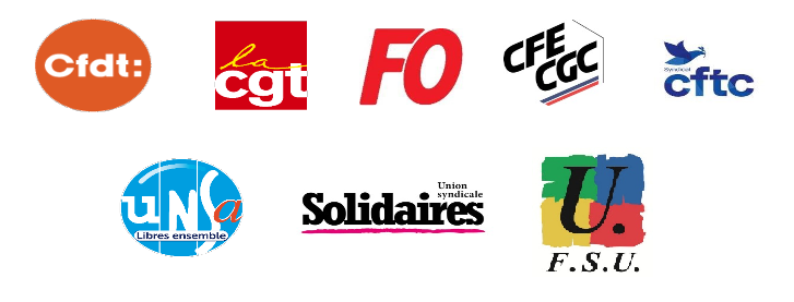 Logos de l'intersyndicale CGT, CFDT, FO, CFE-CGC, CFTC, UNSA, Solidaires, FSU